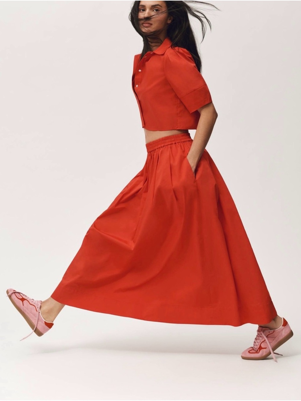 Anthropologie Maeve Bright Red Midi Skirt with Elastic Waist